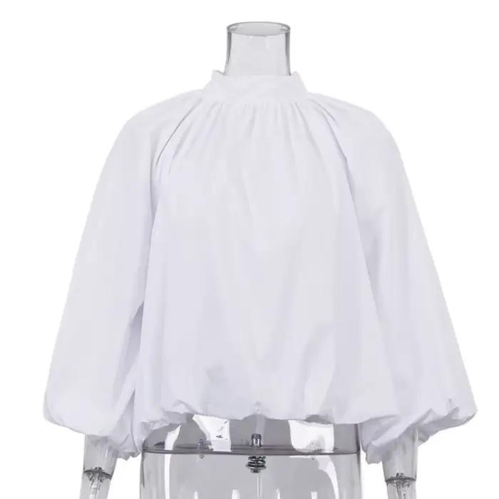 Chemisier blanc à manches bouffantes style français pour femme, col montant, chemise ample à volants