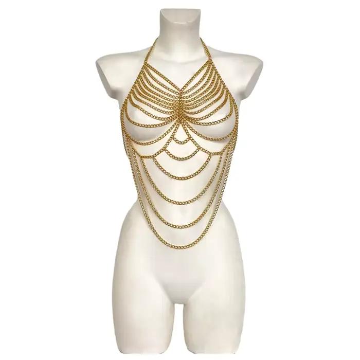 Paillettes métalliques dos nu culture hauts Sexy col en V licou cou chaîne métallique gland débardeu