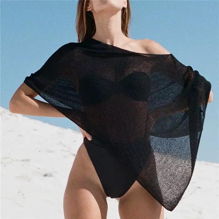 Hauts à épaules dénudées, chemise asymétrique en tricot transparent, Poncho haussement d'épaules, pu