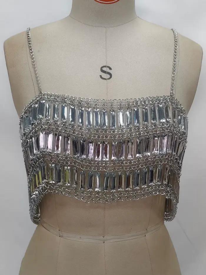 Haut court sexy transparent à sequins métalliques pour femme, idéal pour l'été, la plage, le streetw