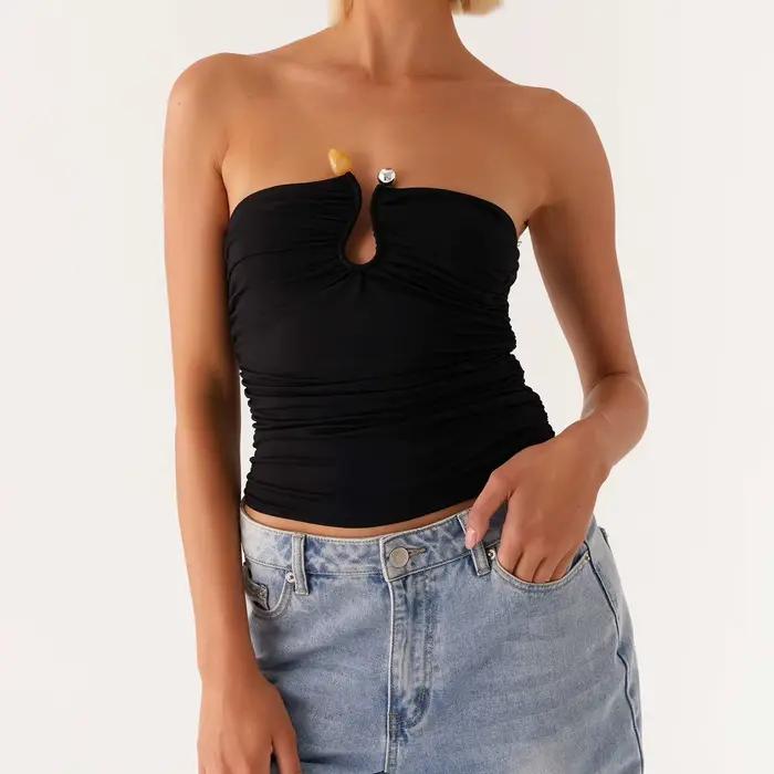 Femmes froncé bustiers mode été haut court sans bretelles pince en métal avant Bandeau hauts femme m