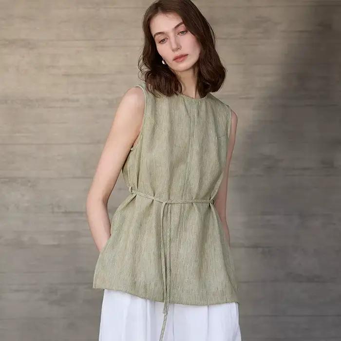 100% lin mi-long col rond débardeur femme américain Vintage haut pour femme Mujer été à lacets hauts