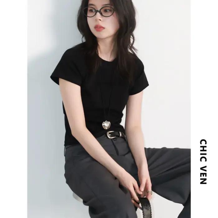 CHIC VEN nouvelles femmes T-Shirts ample décontracté col rond basique à manches courtes fille T-Shir