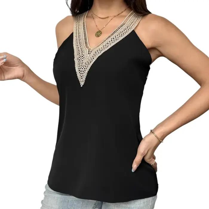 Débardeur Femme Chic en Satin à Col V et Bretelles Fines avec Bordure Crochetée – Style Bohème Léger