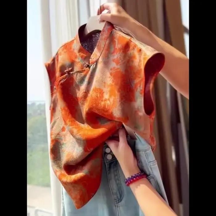 Chemise à manches courtes de style chinois orange pour femmes, col mandarin, bouton de grenouille, r