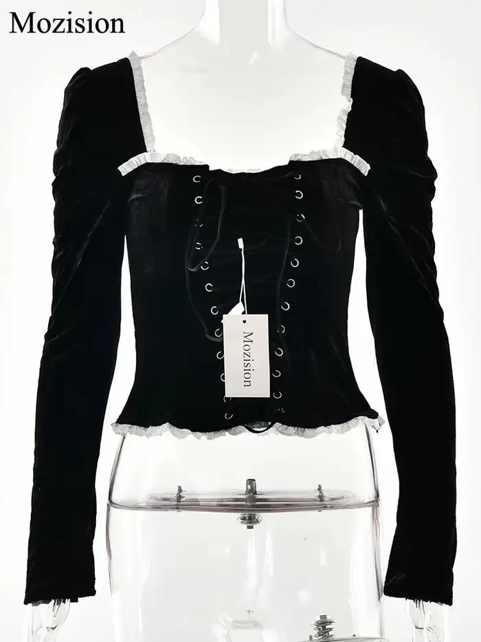 Mozision col carré dos nu pansement Sexy T-shirt femmes automne hiver nouveau noir épaulette manches