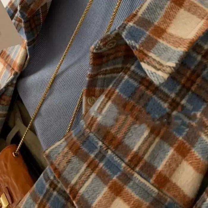 Chemises en laine à carreaux pour femmes, vêtements d'extérieur baggy vintage, mode décontractée, po