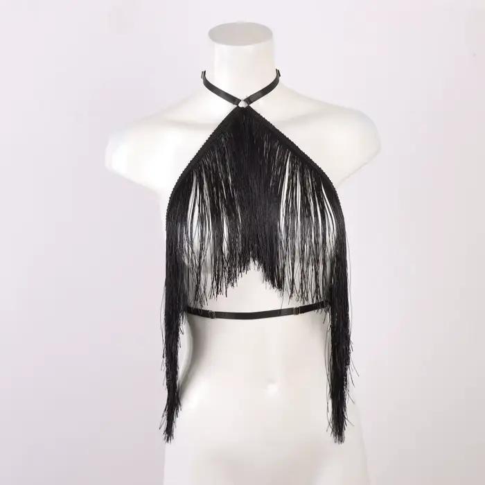 UYEE Haut licou noir pour femme avec détail de pompon Harnais élastique réglable Ceinture décontract