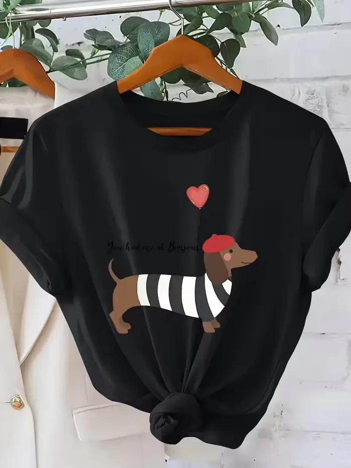 T-shirt Teckel style français, motif animal amusant, avec slogan 'You Had Me At Bonjour', streetwear