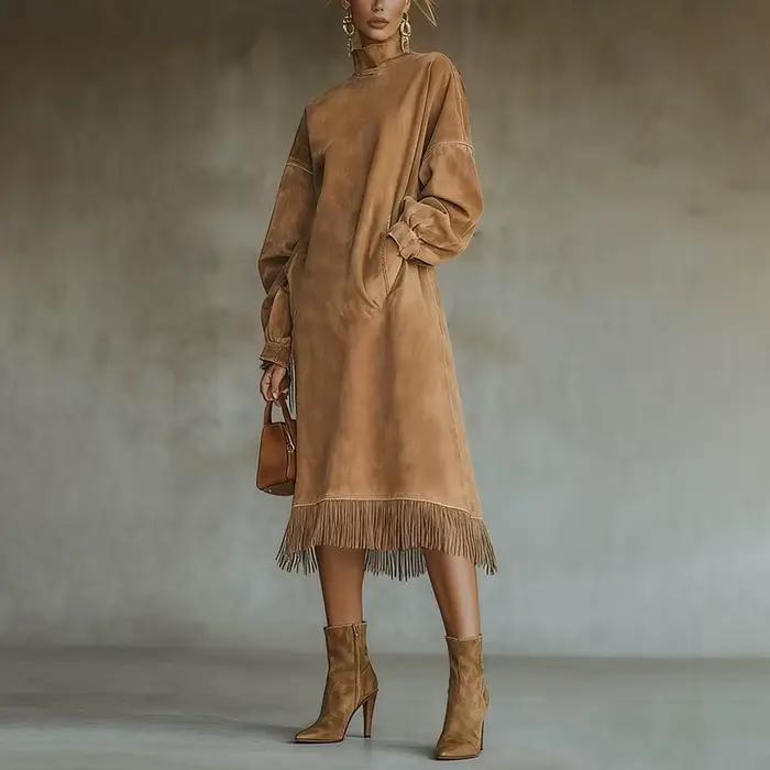 Robe en tricot à col roulé pour femmes, col roulé, à volants, ourlet en dentelle, manches longues, p