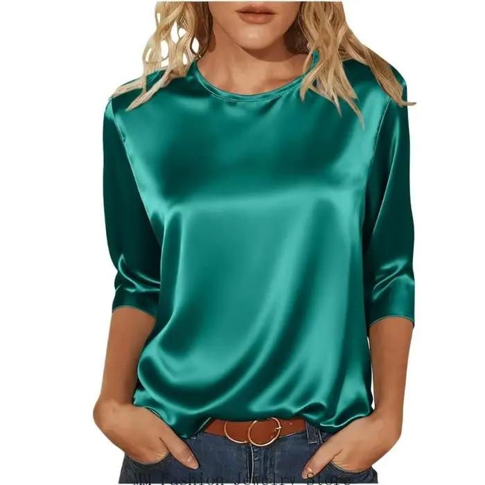 Chemisiers en satin soie pour femmes, tunique à manches 3/4, hauts décontractés, amples, chemise bas