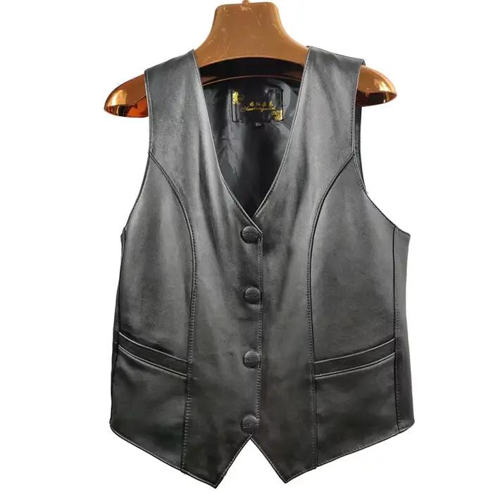 Gilet en peau de mouton pour femme, col en V, vintage, noir, cuir véritable, glaMujer, classique, qu