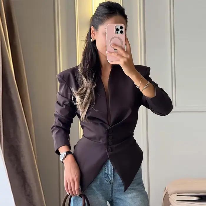 Veste plissée unie chic pour femme, col en V, taille cintrée, simple boutonnage, à nouer, manches lo