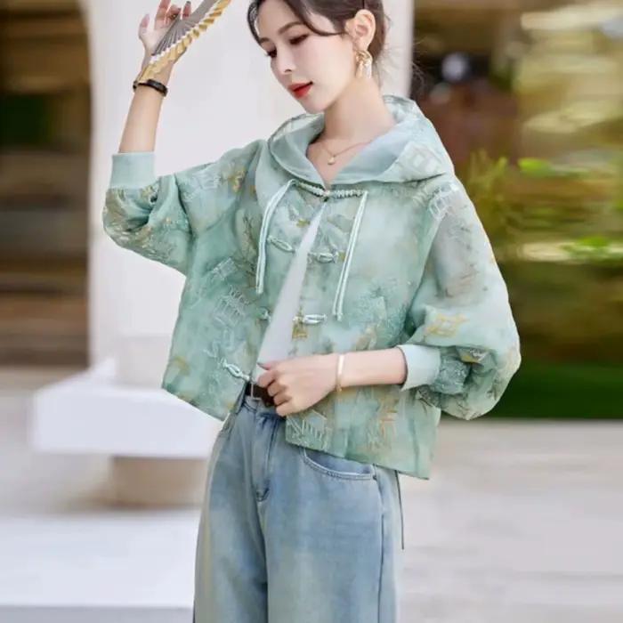 Blouse veste pour femme, style chinois, brodée, ample, légère, protection solaire, petite taille, dé