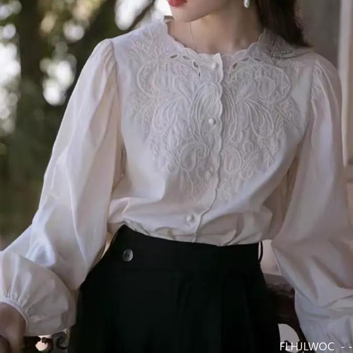 Chemisier brodé en dentelle pour femmes, Style européen, Design français, manches lanternes, élégant