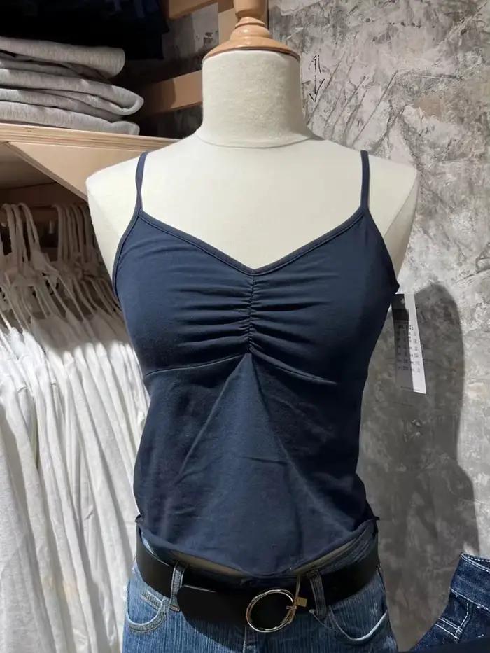 Débardeur noir pliable jaune pour femmes, col en v, nœud, tout assorti, en coton, Camisole Slim, Vin