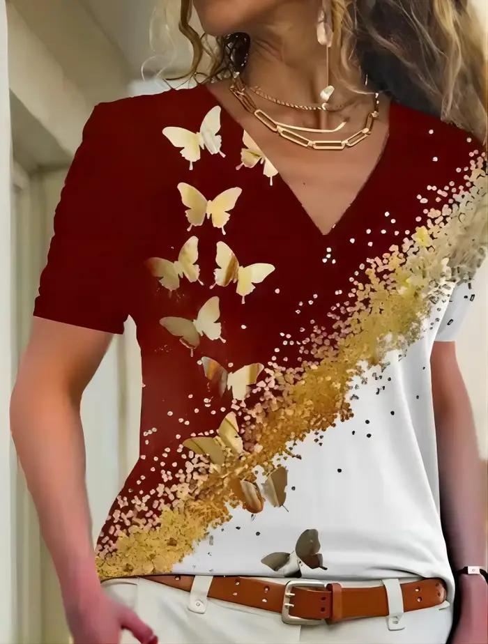T-shirt d'été à manches courtes et col en v pour femmes, imprimé papillon en 3D, haut à la mode pour