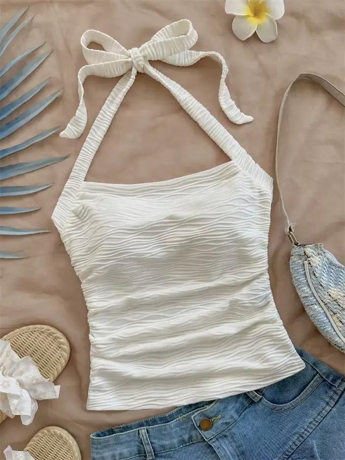 Haut court à col licou pour femmes, motif ondulé, couleur unie, Sexy, taille froncée, dos nu, débard