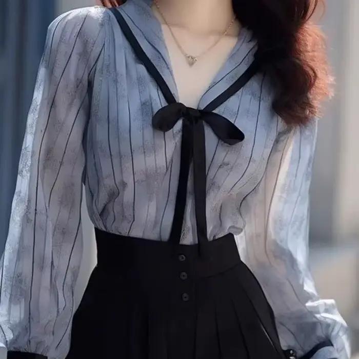 Bureau dame Vintage Blouse Blusas Mujer 2026 printemps été bleu rayé chemises col marine hauts ample