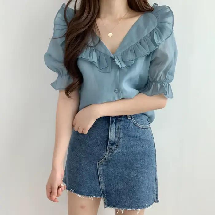 Blouses d'été pour femmes à manches bouffantes 2026, style vintage, col en V, transparentes, à volan