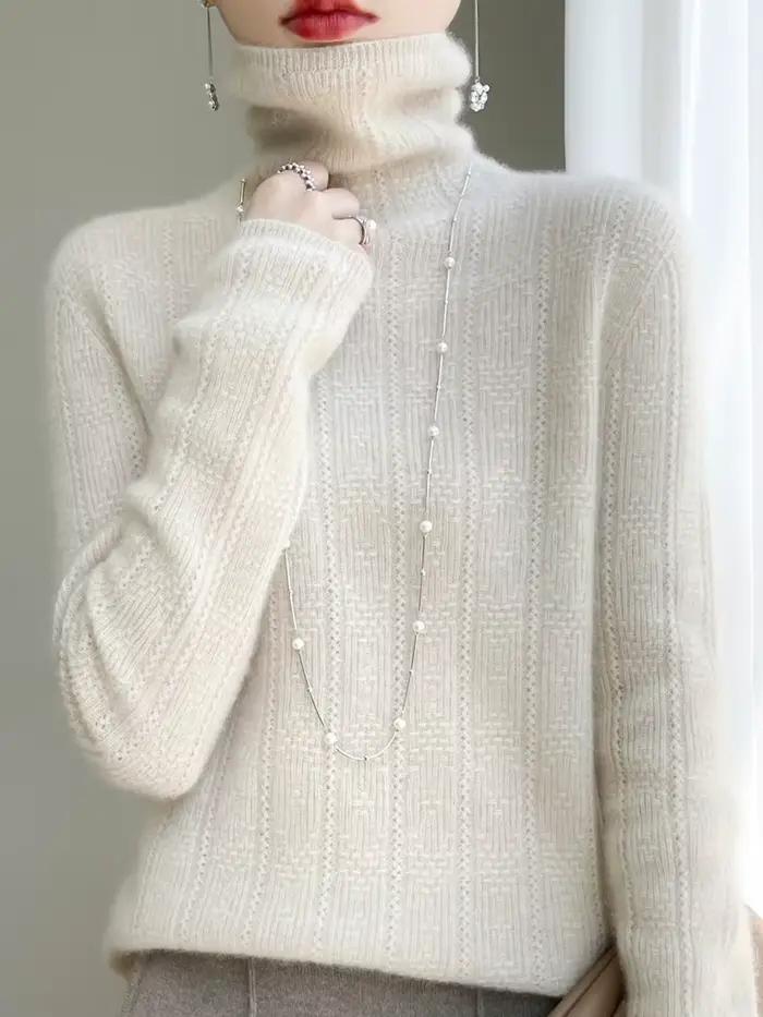 100% laine cachemire pull femmes col roulé à manches longues hauts tricotés pulls automne hiver déco