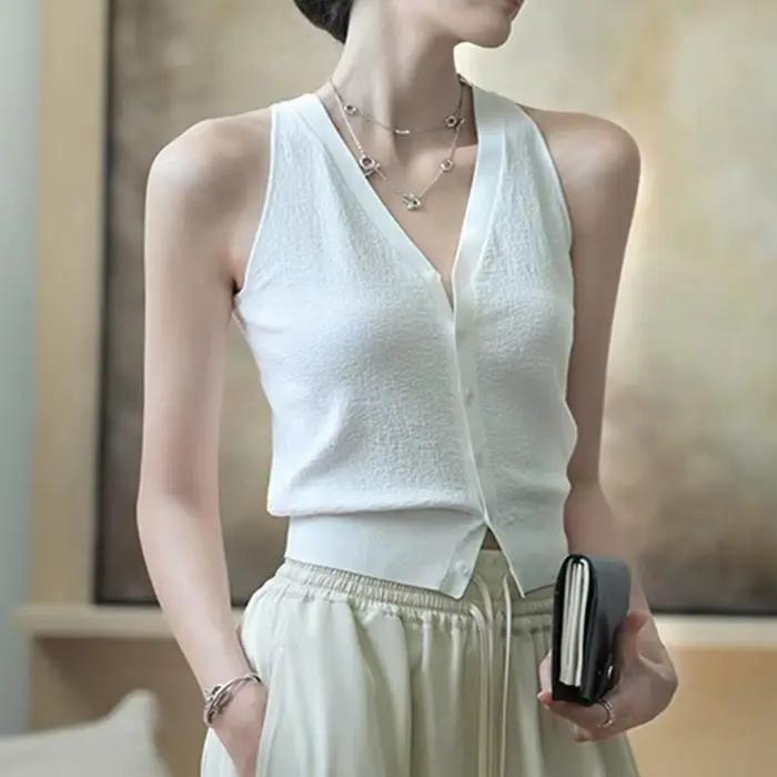 Pull gilet pour femmes doux tricoté bouton avant col en v sans manches Blouse femme décontracté fran