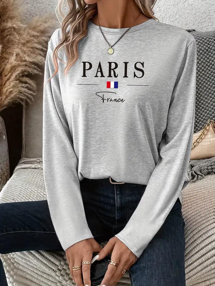 Paris femmes été imprimé surdimensionné ample décontracté col rond à manches longues T-shirt haut mo