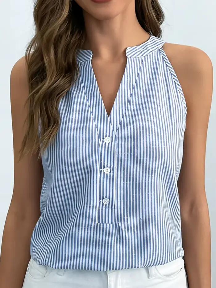 Nouvelle Blouse Sans Manches Col V Rayée Bleue et Blanche 2026 pour Femme – Décontractée, Boutonnée,