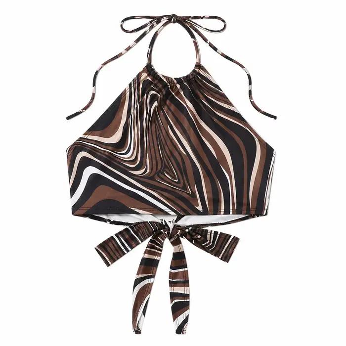 Haut court dos nu à motif vague et couleur unie pour femme, style Y2K, sexy, froncé à la taille, str