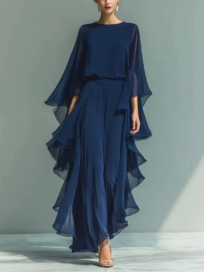 Ensemble deux pièces bohème pour femme : chemise en mousseline bleu marine à manches cloche et panta