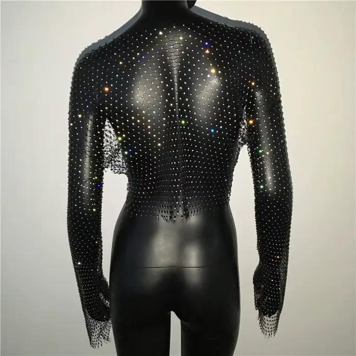 FestivalQueen femmes Sexy Bling évider résille grille t-shirt à manches longues en vrac femmes luxe