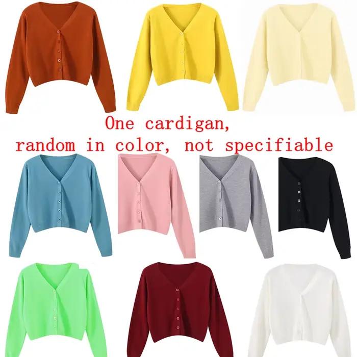 Cardigan court à manches longues et col en V pour femmes, pull vert, manteau rose, vêtements féminin