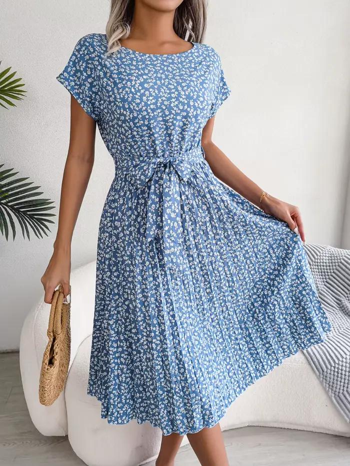 Robe longue plissée à fleurs pour femmes, manches courtes, taille haute, mode chic, printemps, été