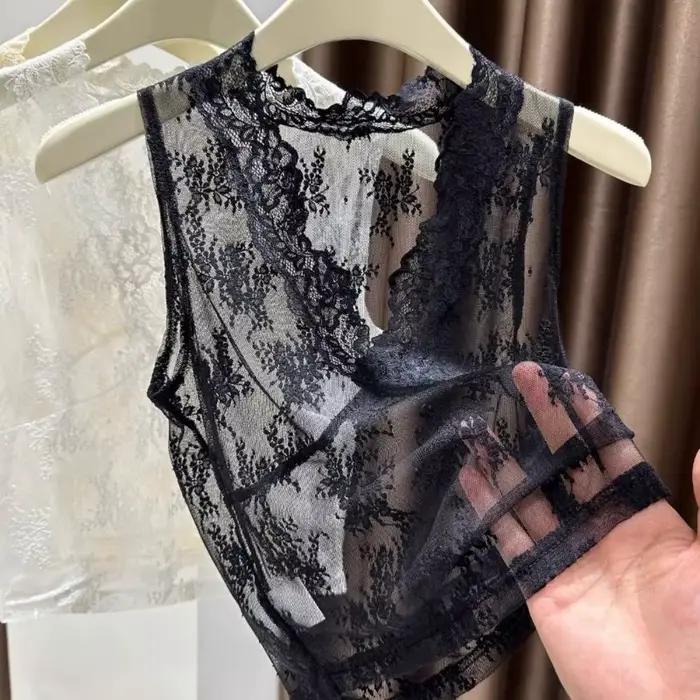 Élégant haut court en dentelle transparente à col en V, sans manches, ajouré, style décontracté