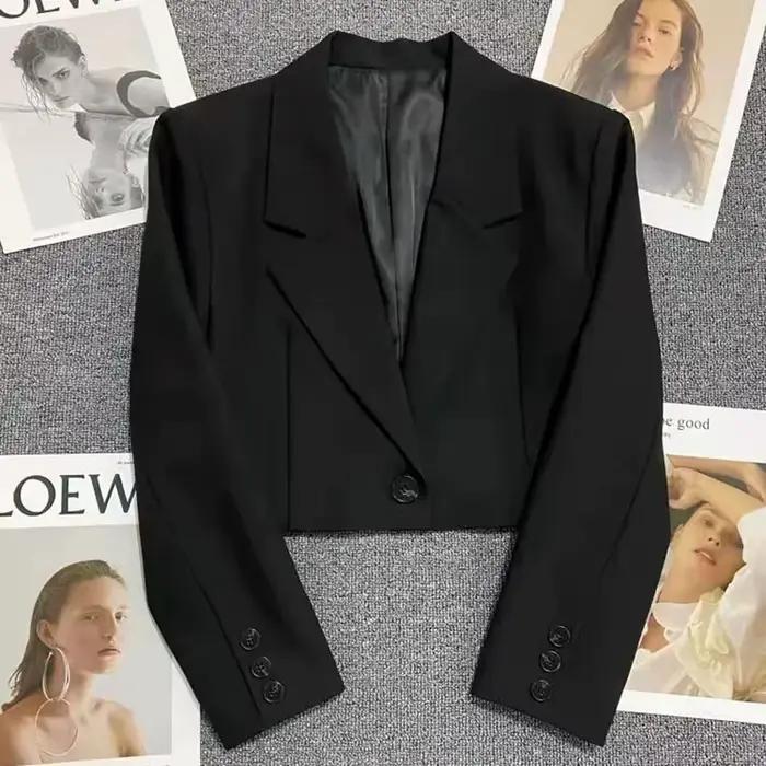 Blazer court noir pour femme, tendance, nouvelle veste courte assortie avec tout, col cranté, Chic c