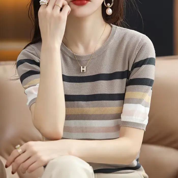 Pull rayé à manches courtes et col rond pour femme, 100% coton, t-shirt glaçoush, base décontractée,