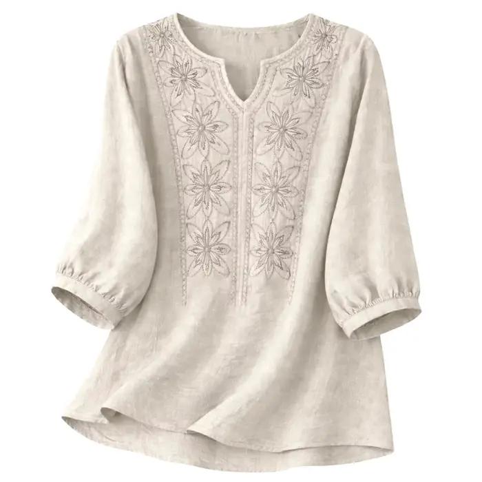 Chemisier en coton et lin pour femmes, broderie florale, col en V, manches 3/4, coupe ample décontra