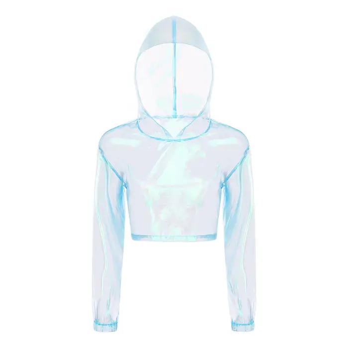 Hauts à capuche transparents à manches longues pour femmes, hauts courts scintillants pour Pole Danc