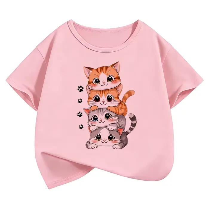 T-shirt en coton pour filles avec motif chaton superposé, tee-shirt décontracté imprimé chat de dess