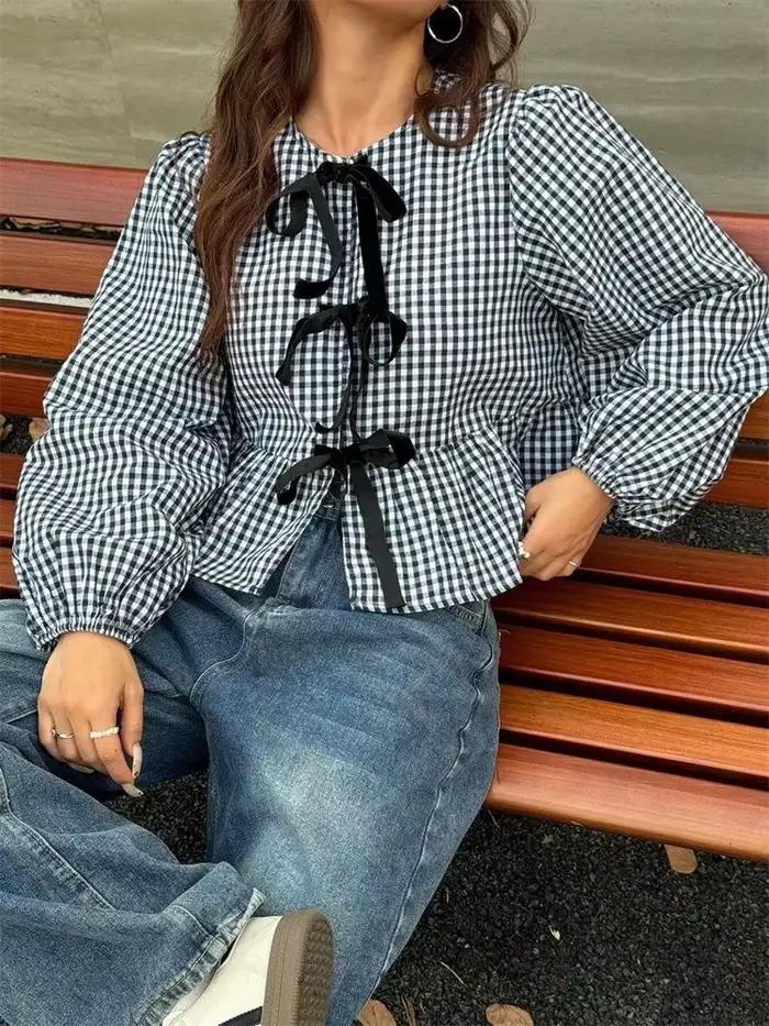 Chemisier lanterne à carreaux à manches longues pour femmes, vêtements Y2K, Style doux, nœud ample,