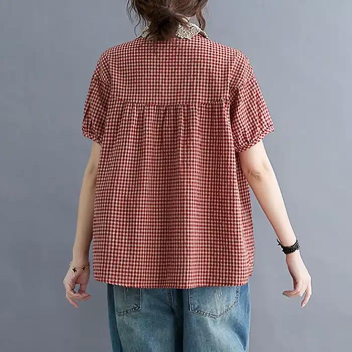 Chemises décontractées en coton et lin pour femmes, style vintage, col claudine, imprimé à carreaux,