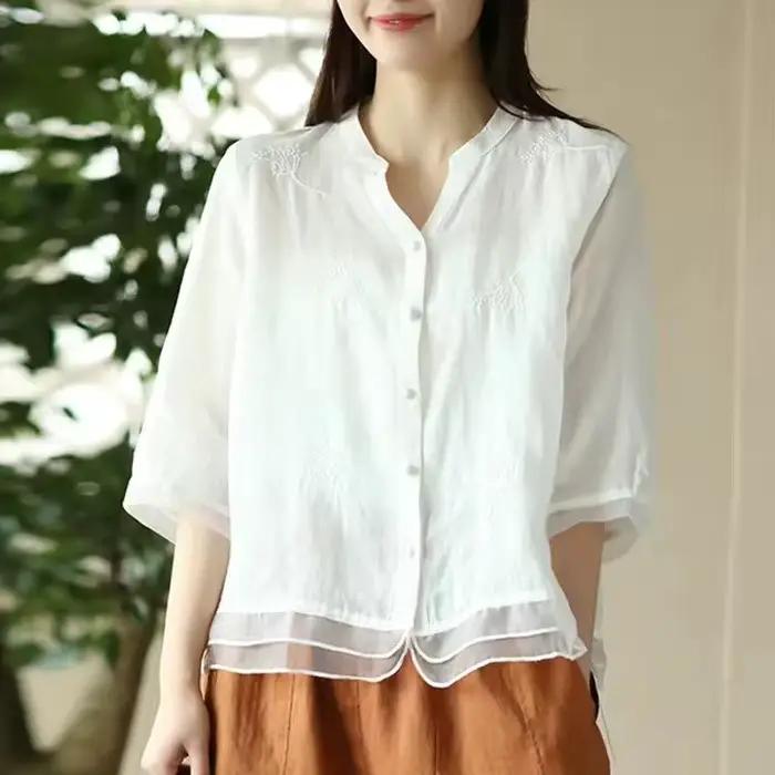 Chemisier Vintage en Coton et Lin pour Femme, Vêtement Décontracté avec Bouton, Broderie Alberoise S