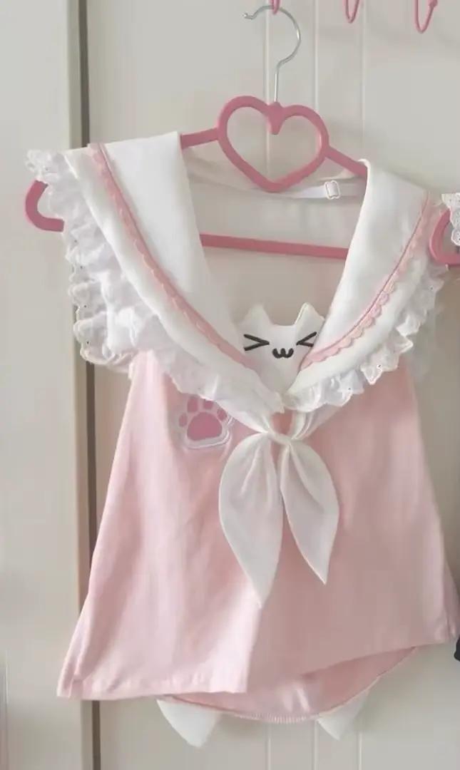 Japonais Kawaii Chat Dessin Animé Mignon Hauts Y2k Esthétique Dentelle Patchwork Mince Récolte T-shi