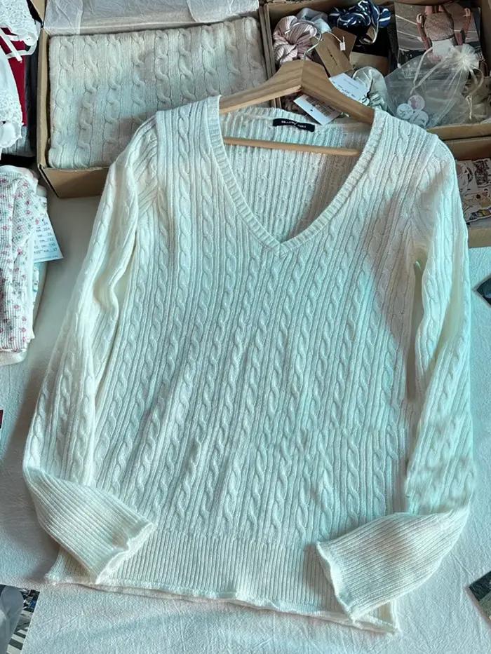 Pull tricoté fin à fleurs torsadées pour femme, Beige, ourlet brut, col en v, manches longues, doux