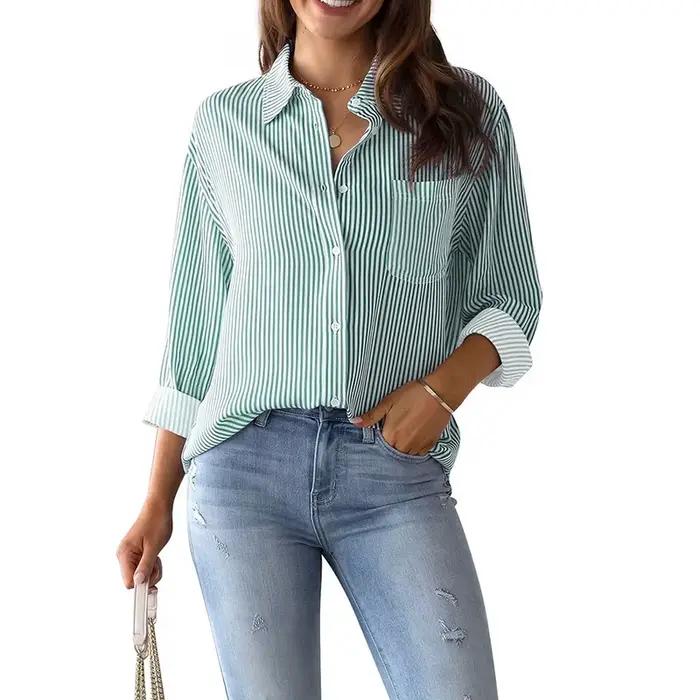 Chemise classique à rayures bleues pour femmes, Streetwear Vintage, chemisiers à manches longues, dé