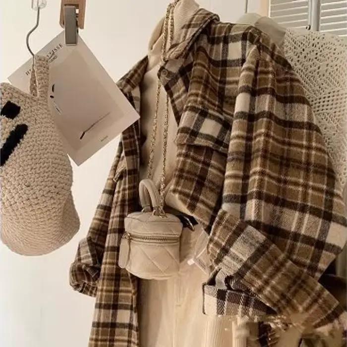 Chemises en laine à carreaux pour femmes, vêtements d'extérieur baggy vintage, mode décontractée, po