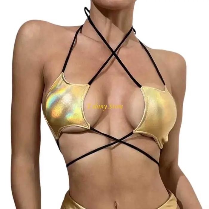 Femmes Star Rave hauts de soutien-gorge brillant étoile métallique à bretelles bustier tubulaire lic