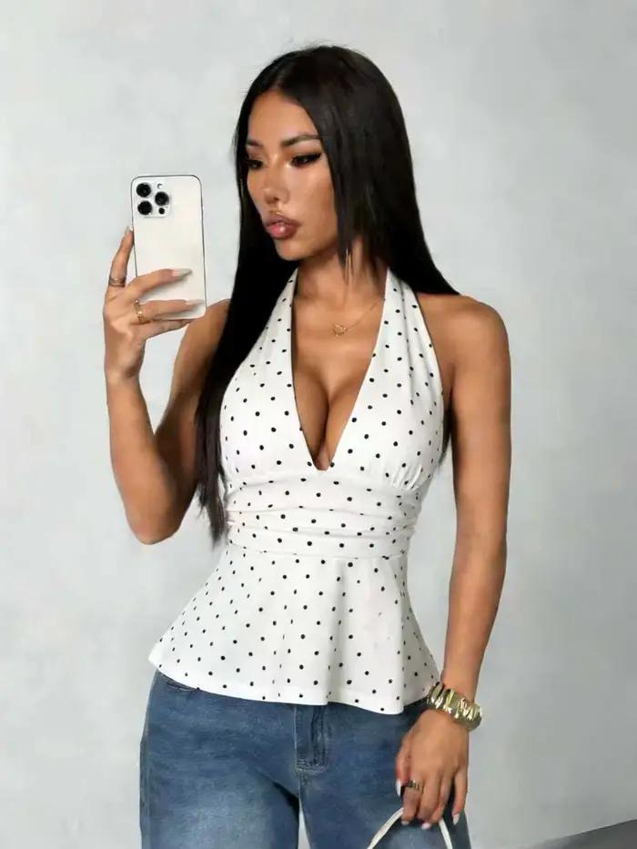 Haut Halter à Pois pour Femme, Sans Manches, Col en V Profond, Dos Nu, à Nouer, Style Peplum, Idéal