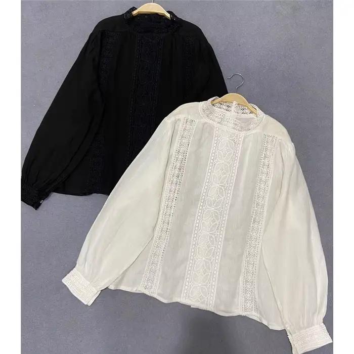 Johnature – chemise en lin pour femme, ample, ajouré, Vintage, couleur unie, printemps automne, 2023