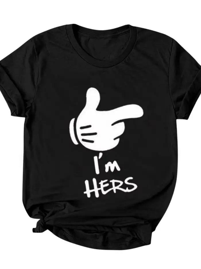 T-shirt manches courtes col rond pour couple, I'M Hers He's Succion Print, T-shirt à la mode pour le